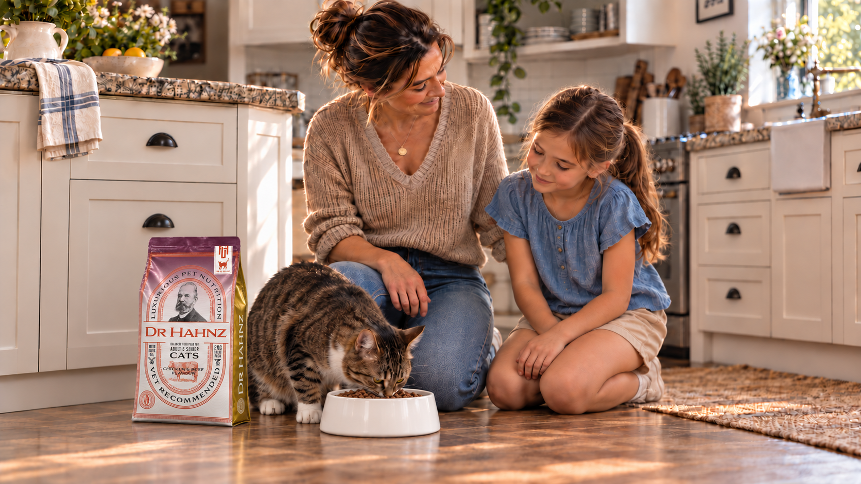 Luna and Michele watch Bella eating dry food from her white bowl.
