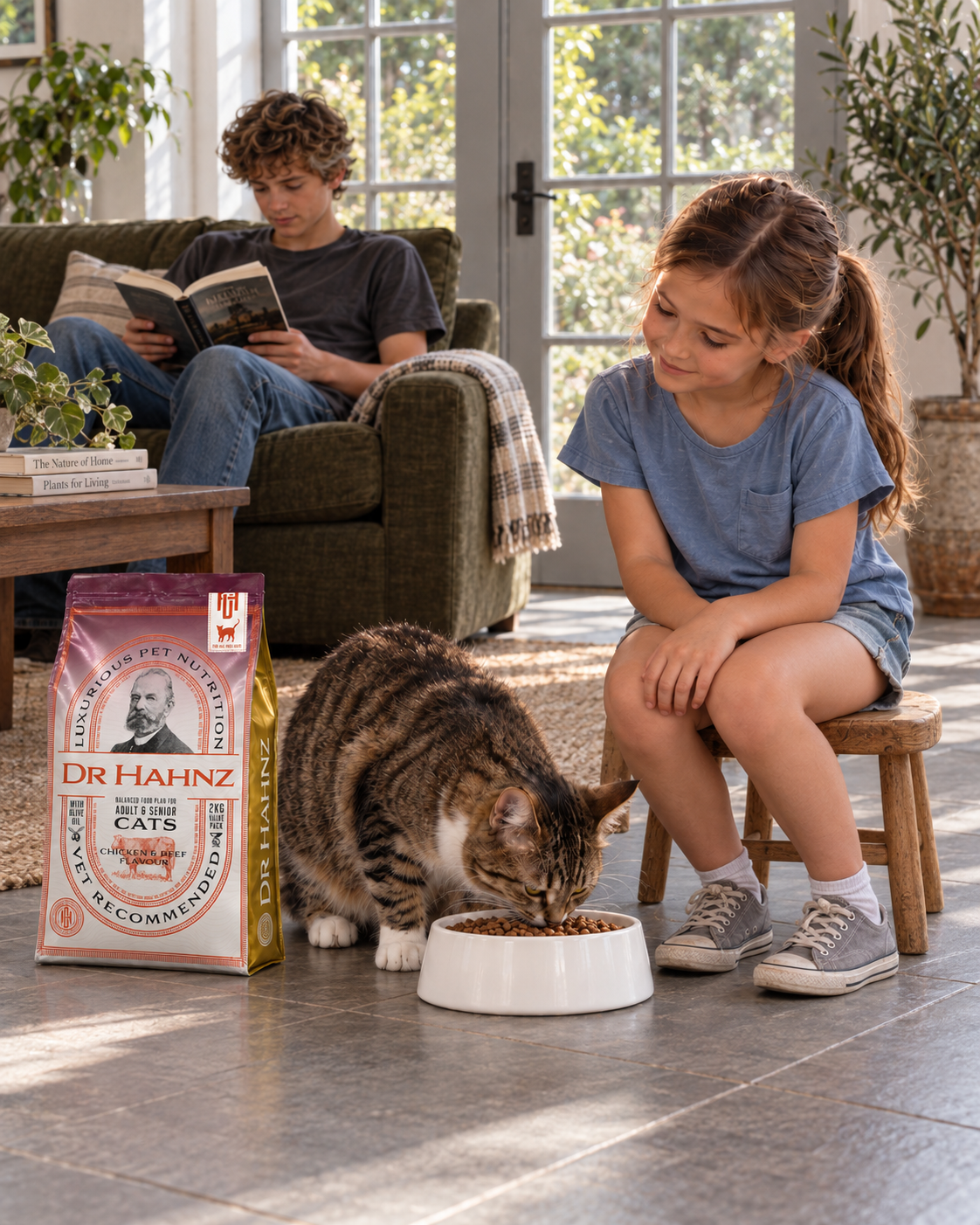 Luna sits beside Bella at her white bowl, while Shay reads in the background.
