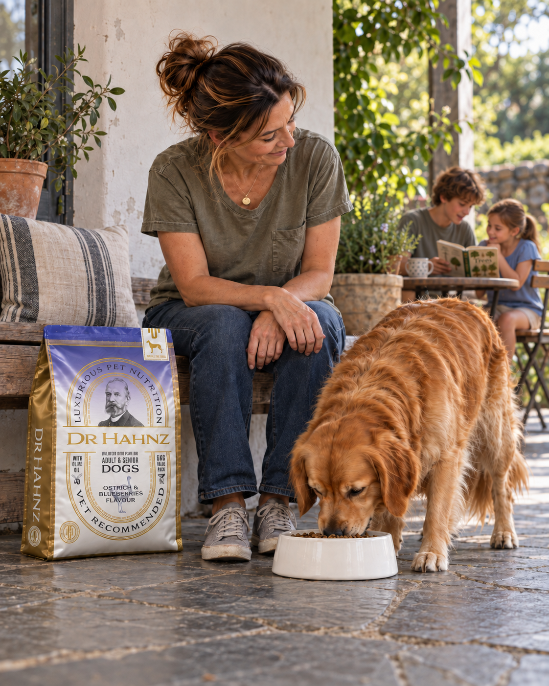Michele with Oscar at his white food bowl at home.