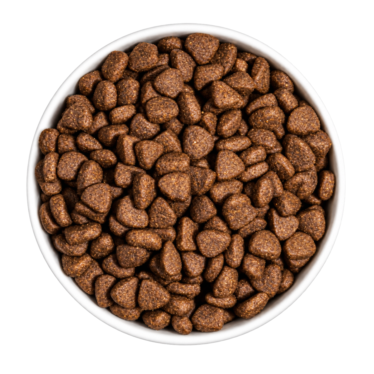 Enhanced reference view of a complete white bowl filled with small, irregular dry-food pieces for cats and small-breed dogs.