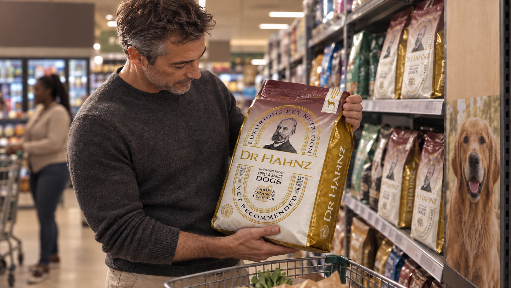 Markus considers a Dr Hahnz bag in a dramatised supermarket scene.