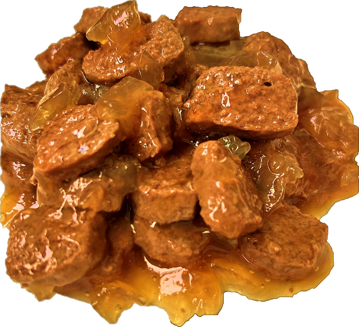 Actual Dr Hahnz Meat Lovers wet food for dogs, with pieces in jelly.