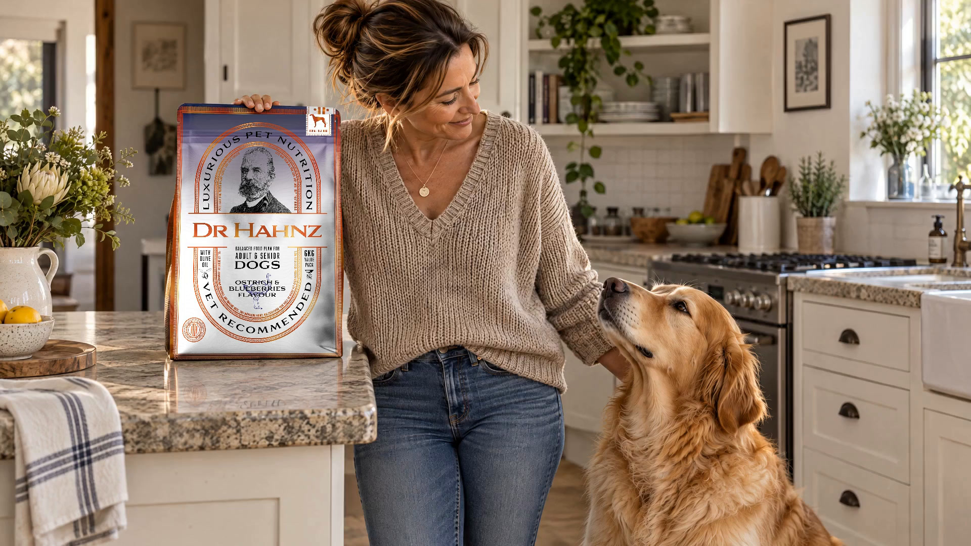 A woman beside an original Dr Hahnz Ostrich and Blueberries 6 kg pack, sharing a moment with her dog.