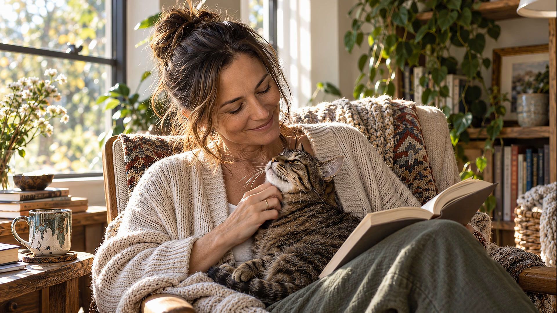 A woman reading with one tabby cat beside her.