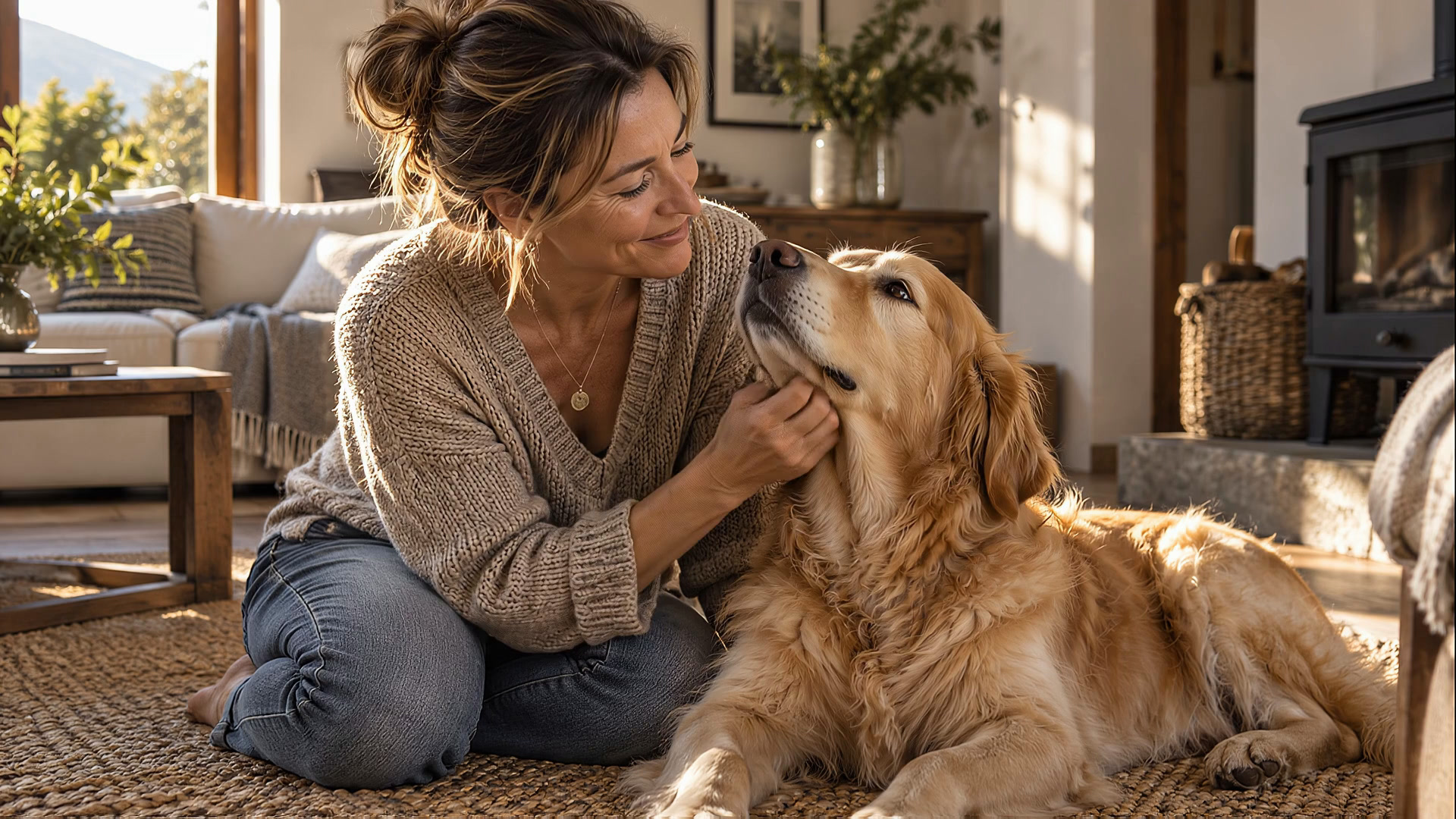 A woman shares a quiet moment with her golden retriever.