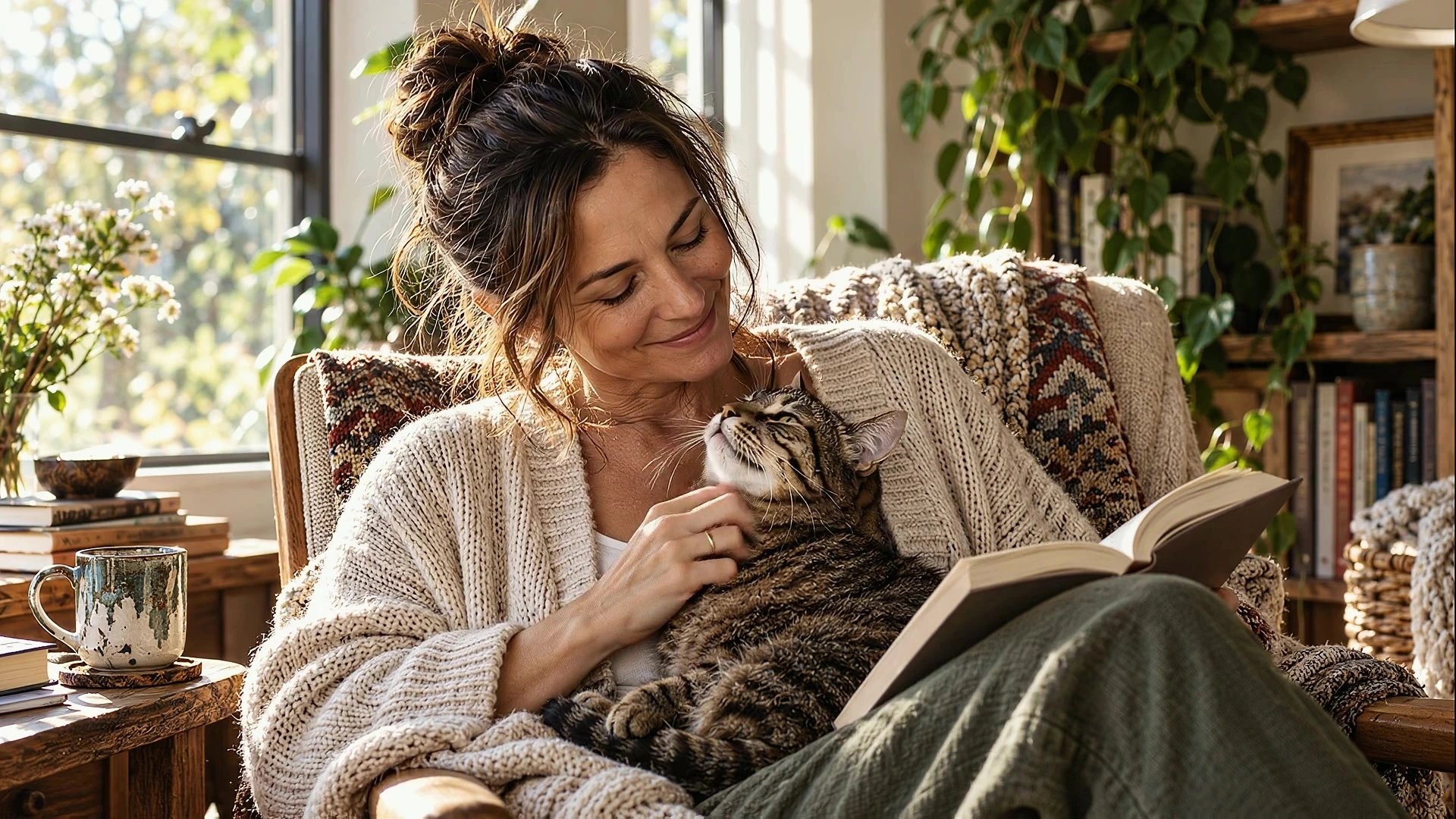 A woman reads with one tabby cat beside her.