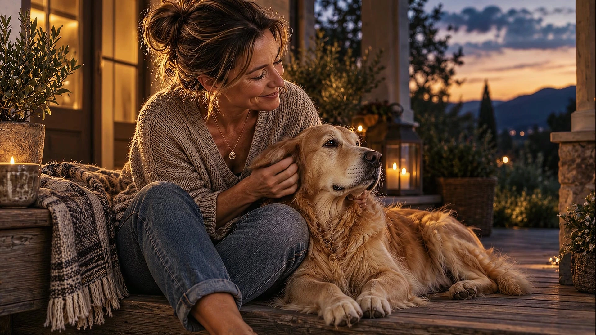 An owner and her golden retriever rest together outdoors.