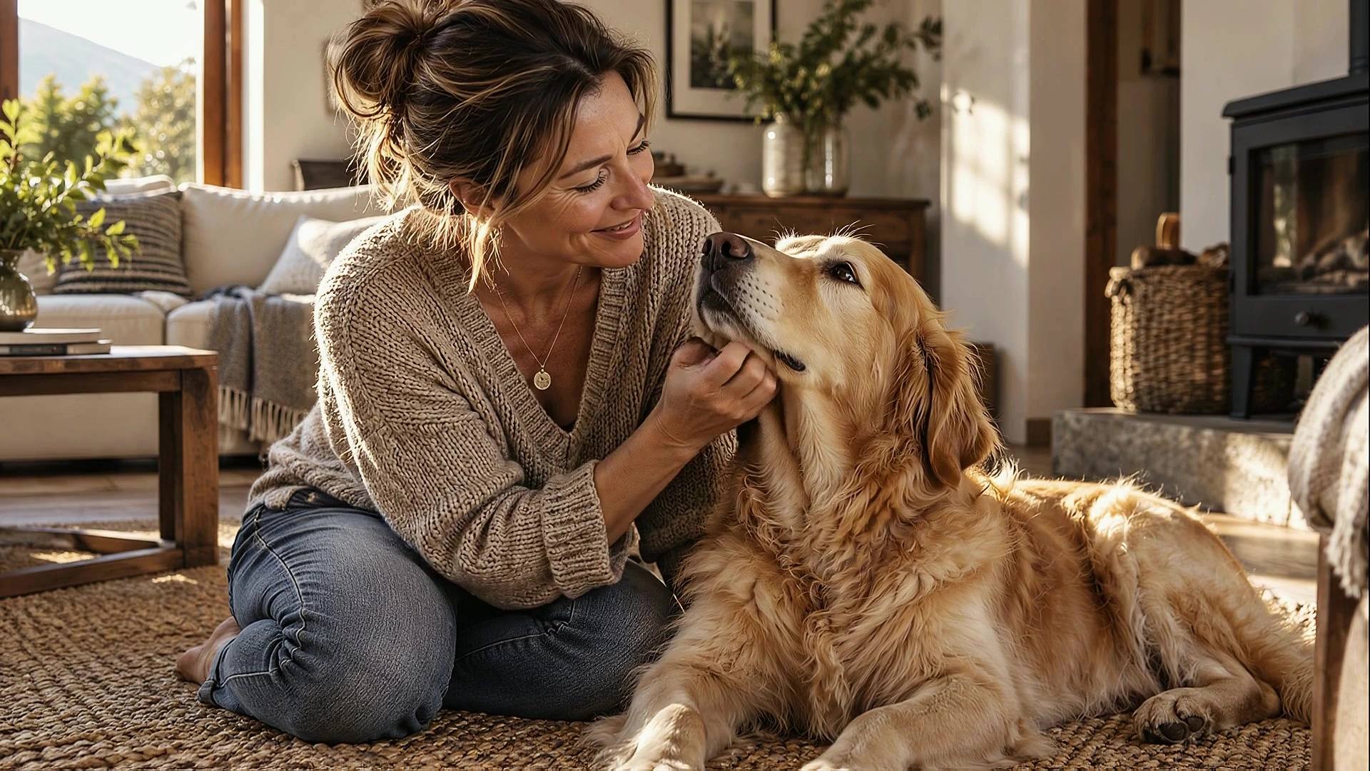 A woman sits close to her golden retriever at home.